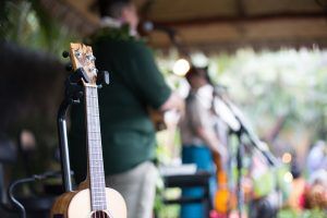 Image shows guitars on stands as a musician is playing their instrument to a crown of people